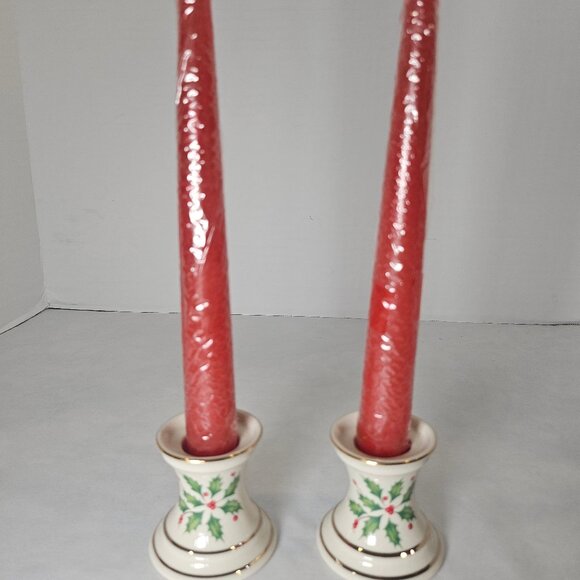 Lenox Winter Greetings Candlestick Pair With Two Red Tapers Boxed - Picture 5 of 12